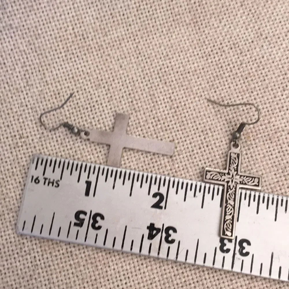 Cross Earrings Oxidized Floral Design Silvertone